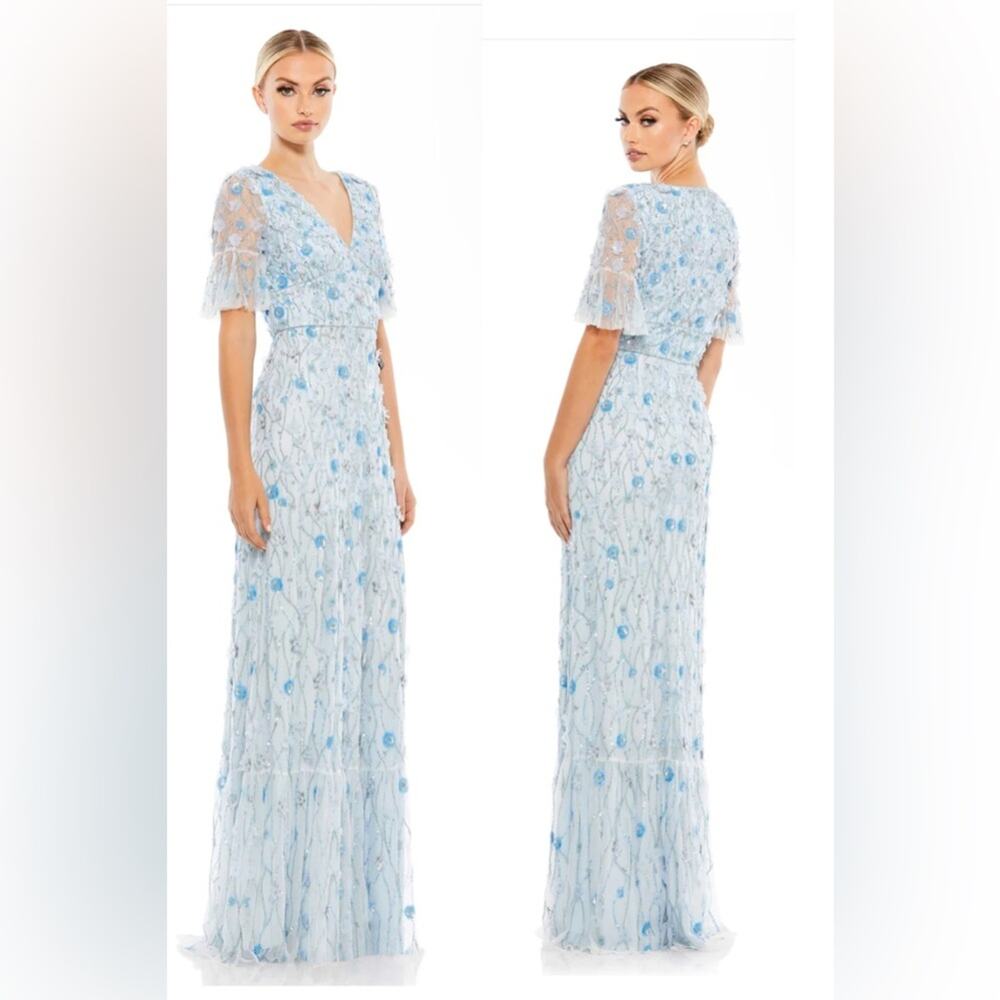Mac Duggal EMBELLISHED V NECK EMPIRE WAIST RUFFLE HEM GOWN
